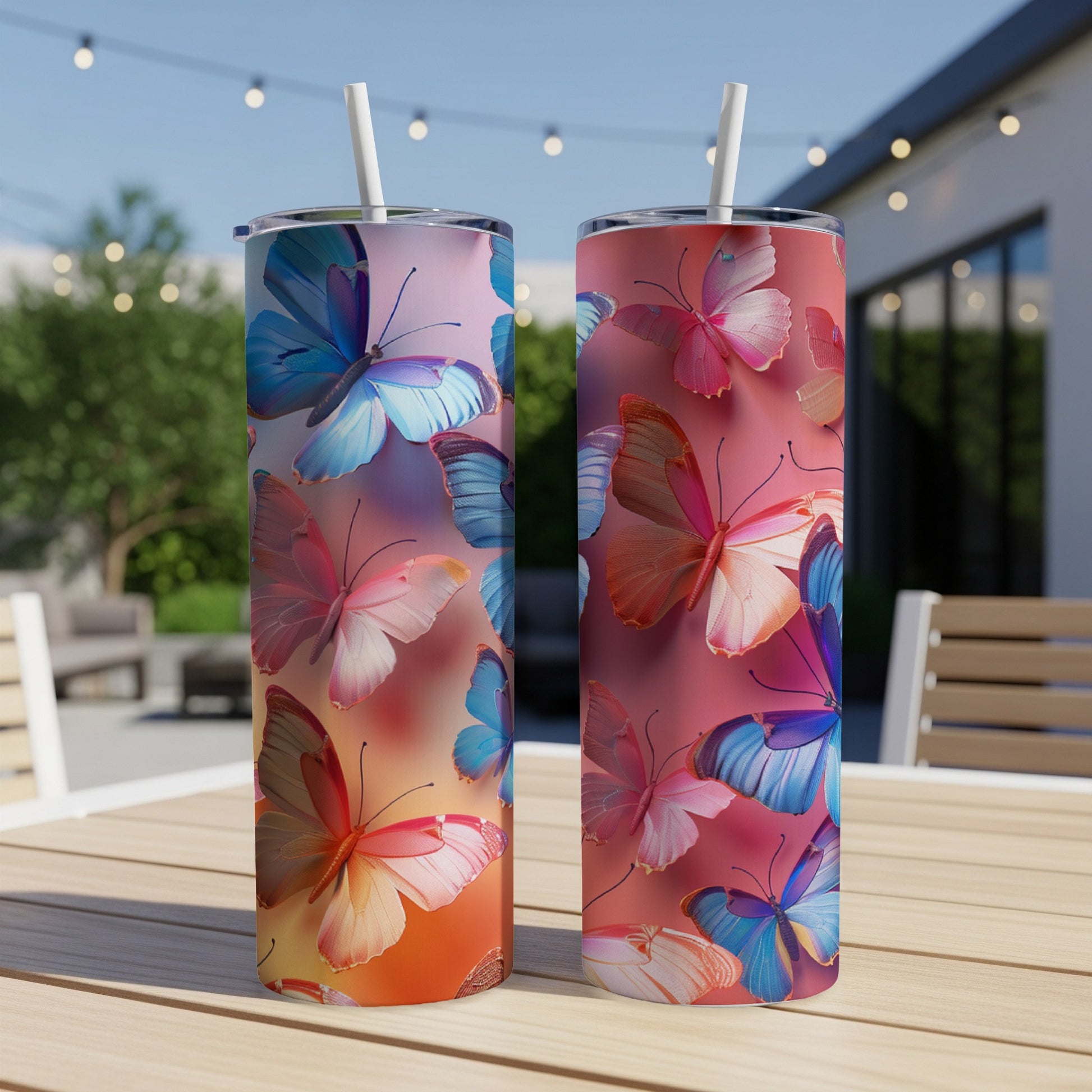 Two tall, patterned tumblers with colorful butterflies on a wooden table.