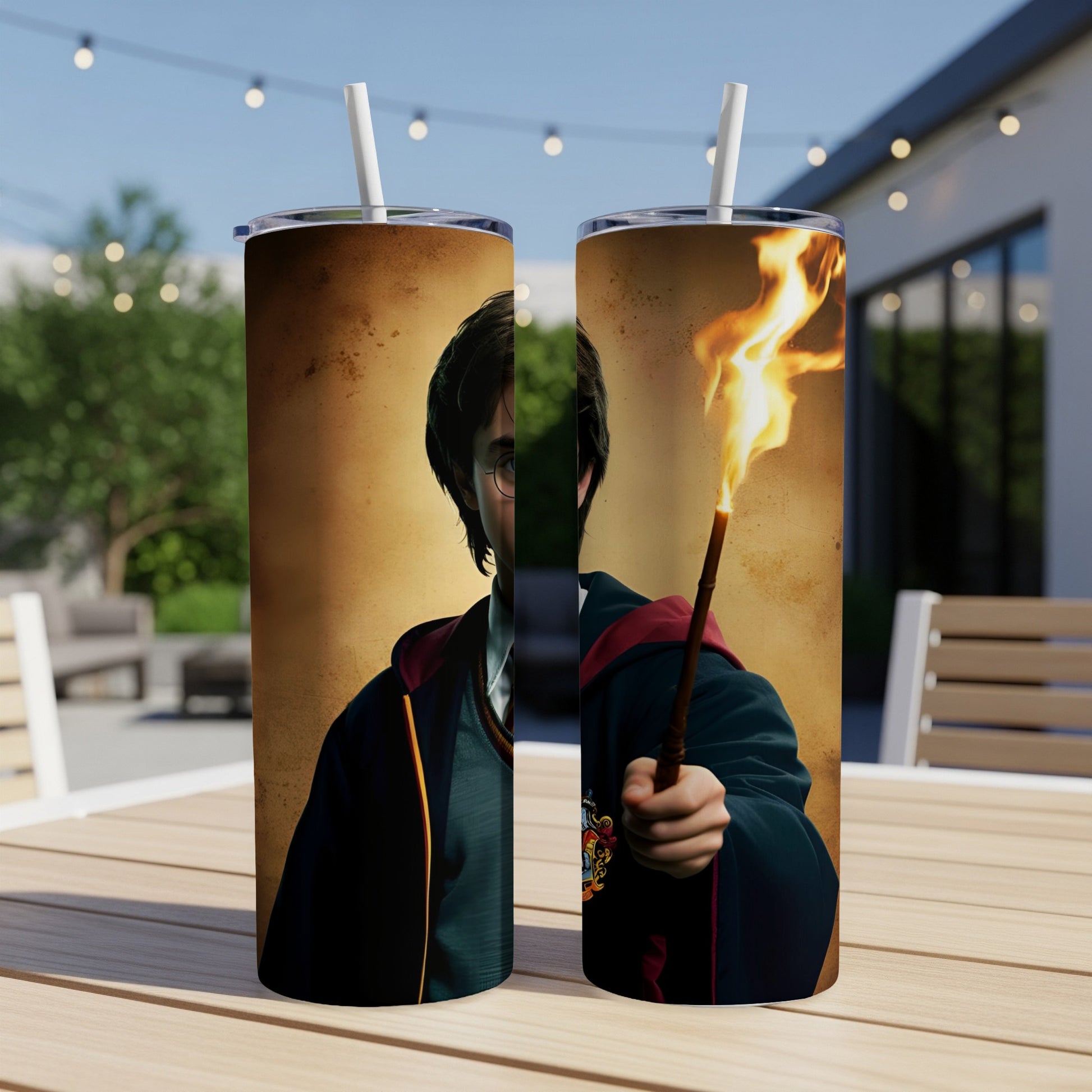 Harry Potter with flaming wand, against a textured background.