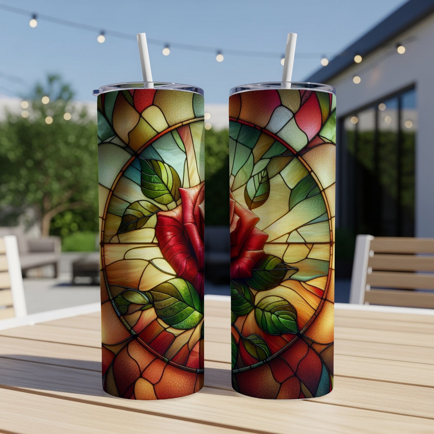 Red rose stained glass tumbler with straw on outdoor table.