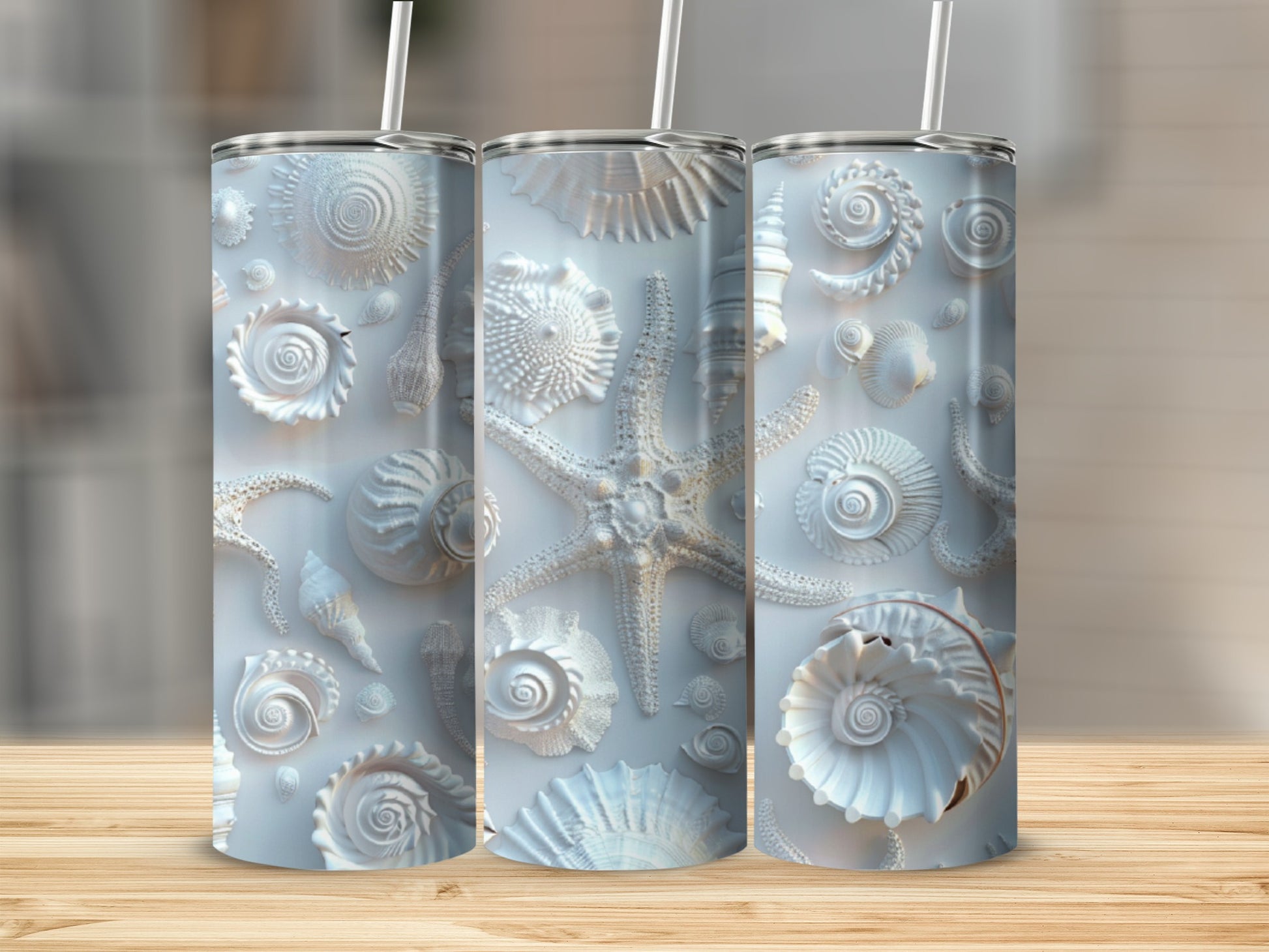 White tumbler with textured seashells and starfish design.