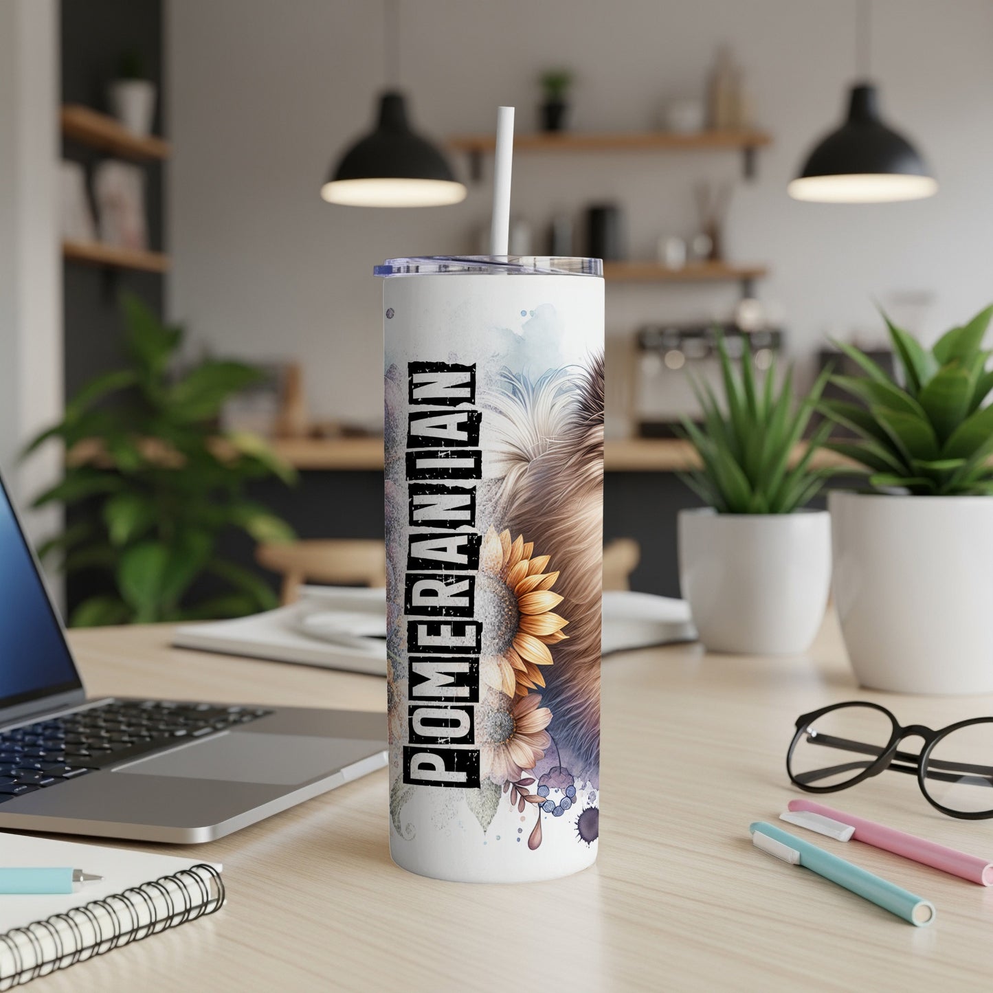 Tumbler with "Pomeranian" text and floral design featuring a dog's face.