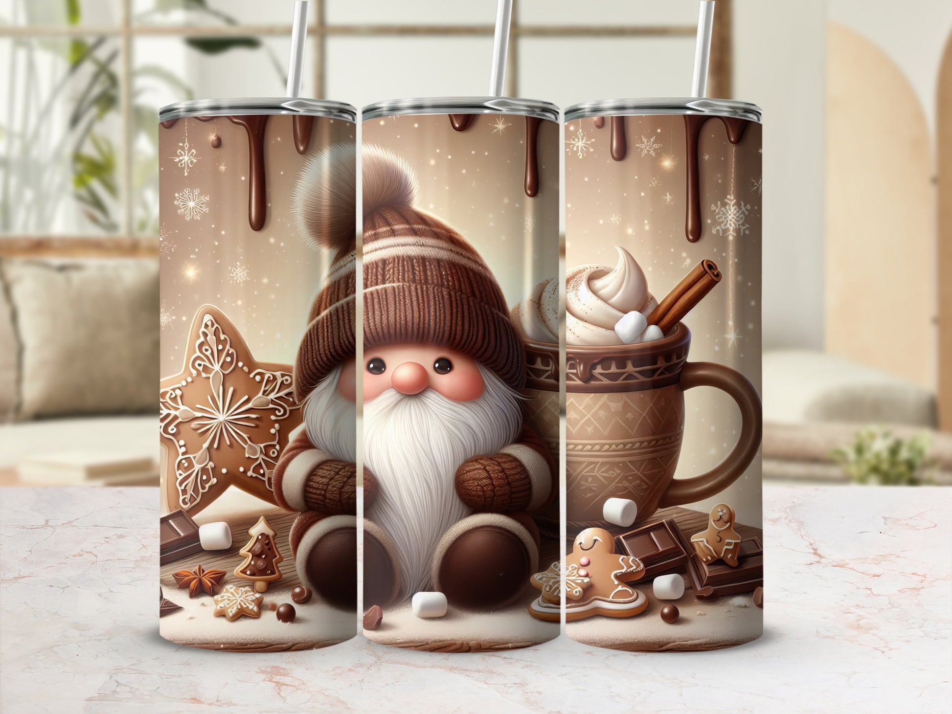 Three Santa-themed tumblers with hot chocolate and gingerbread decorations.