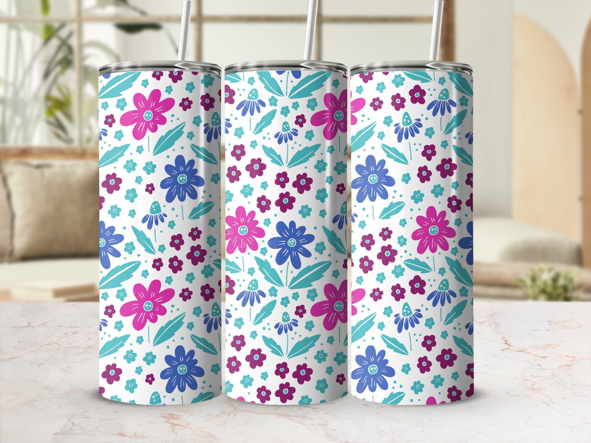 Colorful Floral Design Insulated Tumbler Cup Perfect Gift