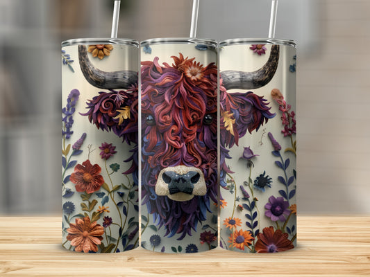 Three tumblers featuring a colorful, floral Highland cow design.