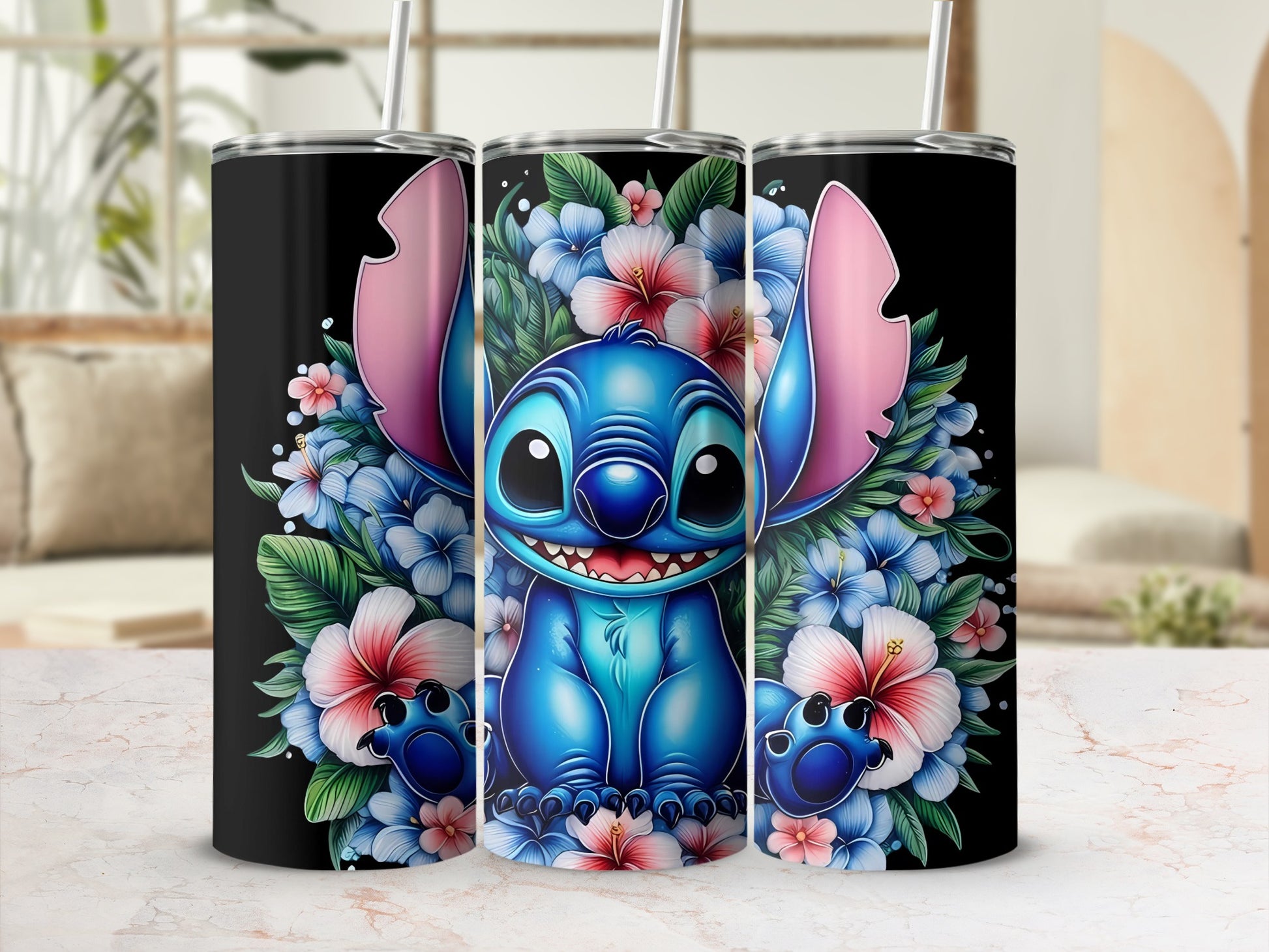 Cute Blue Alien Surrounded By Colorful Flowers Tumbler