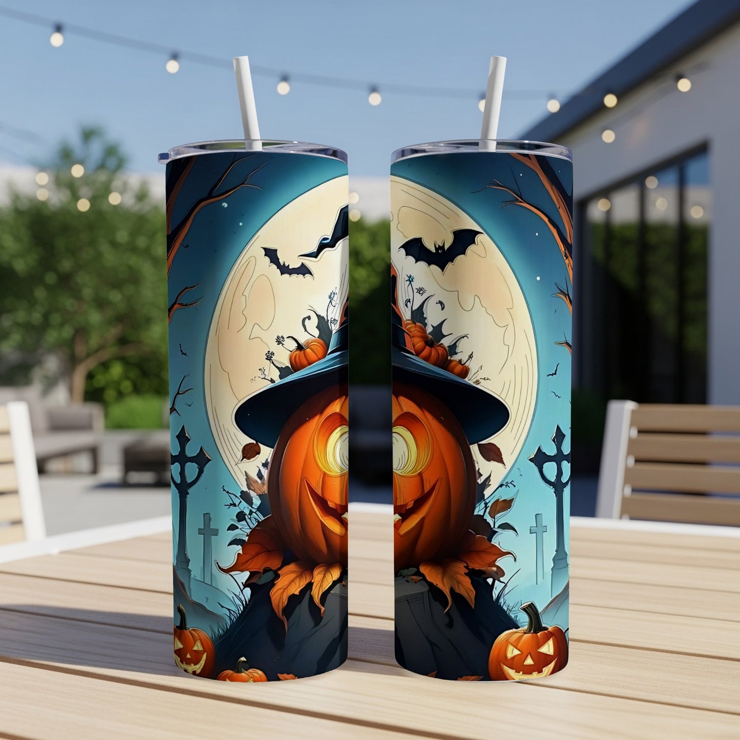 Two tumblers with a Halloween design featuring pumpkins, bats, and a full moon.
