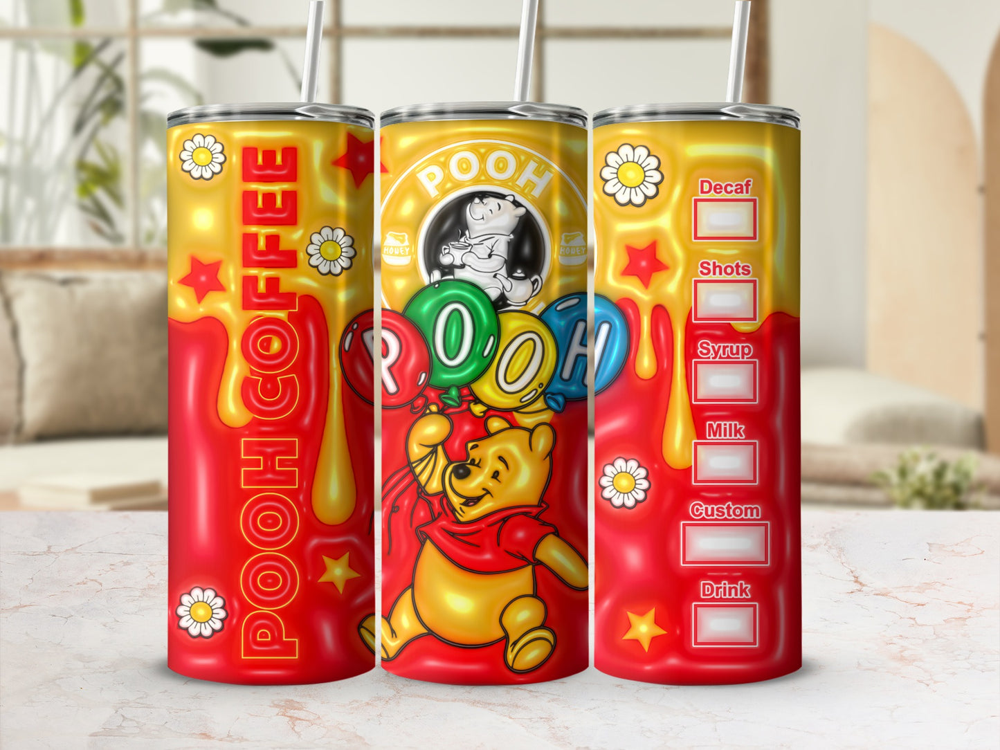 Colorful Pooh Themed Coffee Tumbler with Fun Design