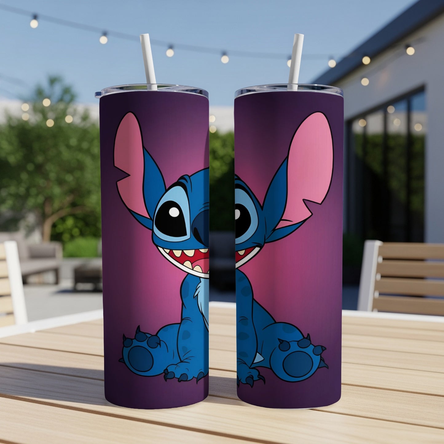 Two tumblers featuring a cartoon Stitch character on a purple background.
