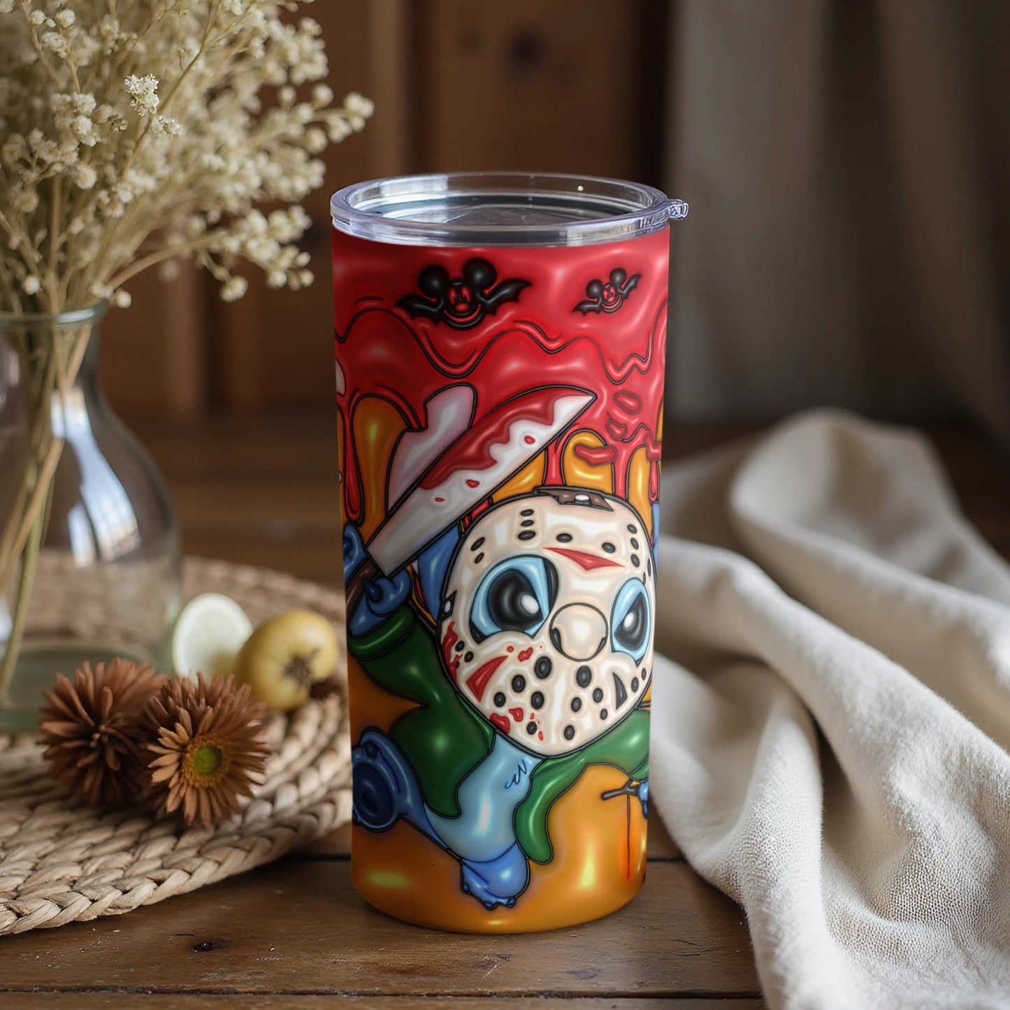 Colorful Horror Themed Travel Mug with Unique Art