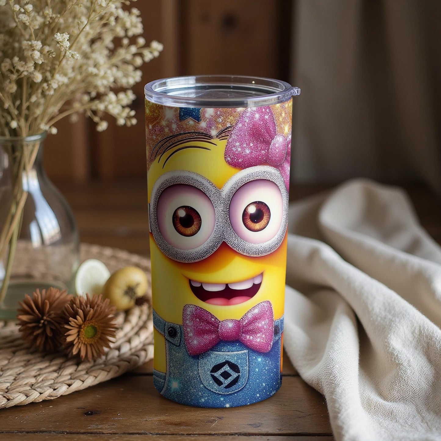 Fun Minion Tumbler with Pink Bow and Sparkly Background