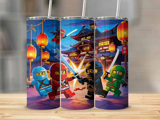 Four Lego Ninjago characters fighting in front of a Japanese village building.
