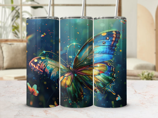 Detailed butterfly on a tumbler with glowing light effects.