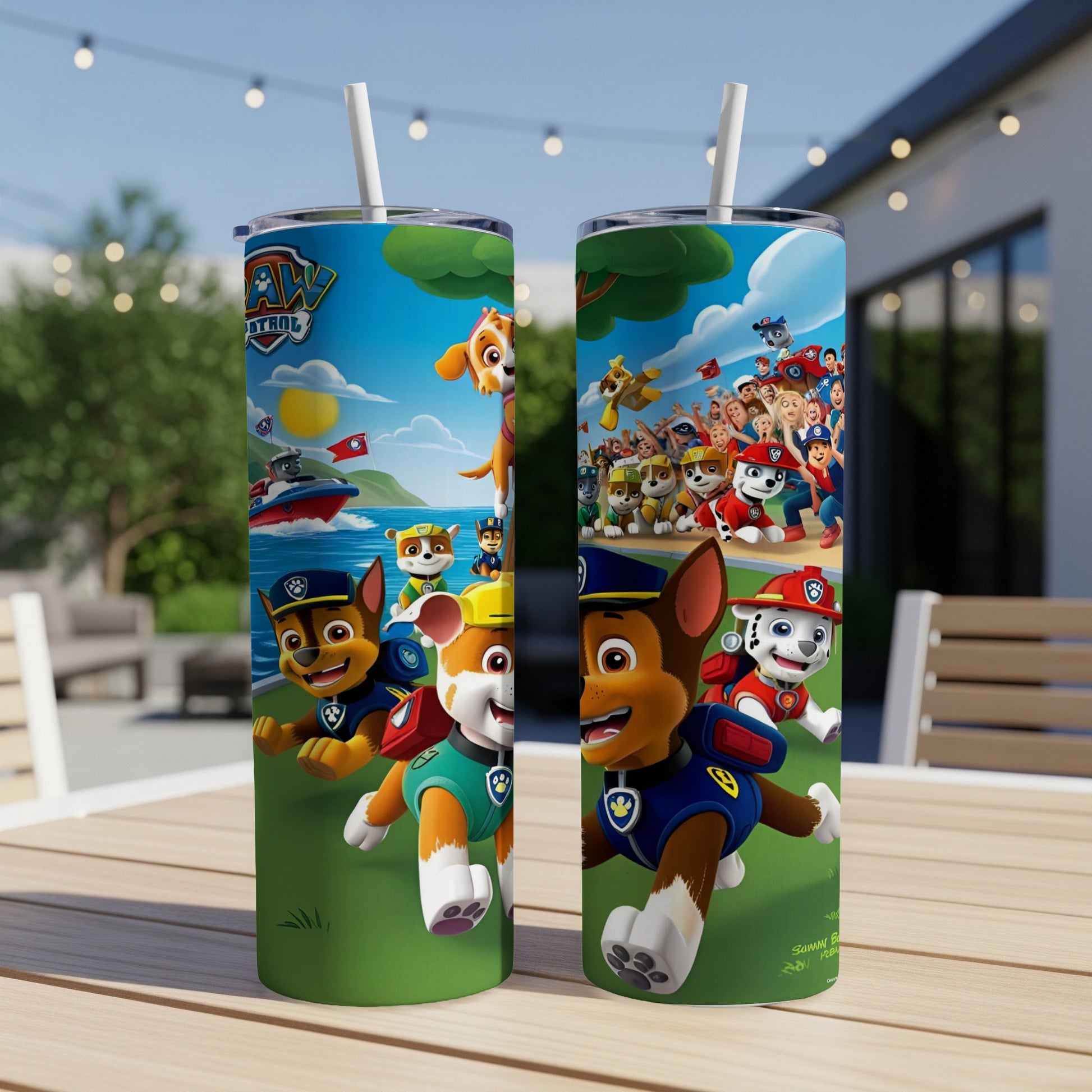 Two Paw Patrol character tumblers with straw, featuring Ryder and pups outdoors.