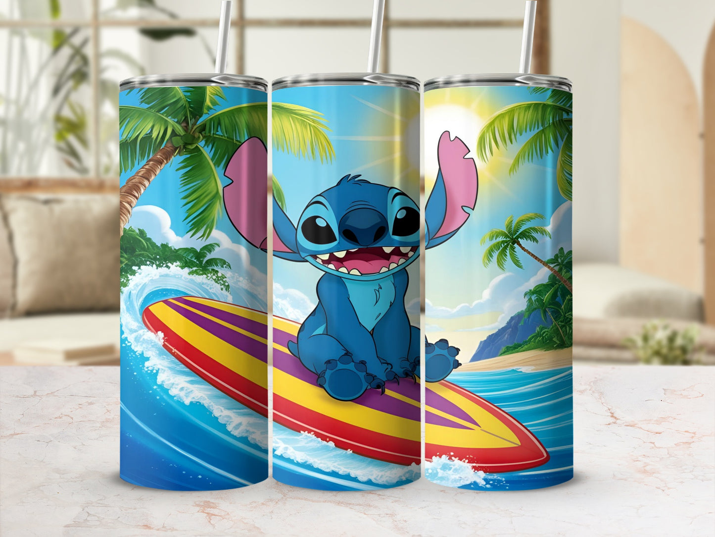 Stitch character on a surfboard with palm trees and ocean waves.