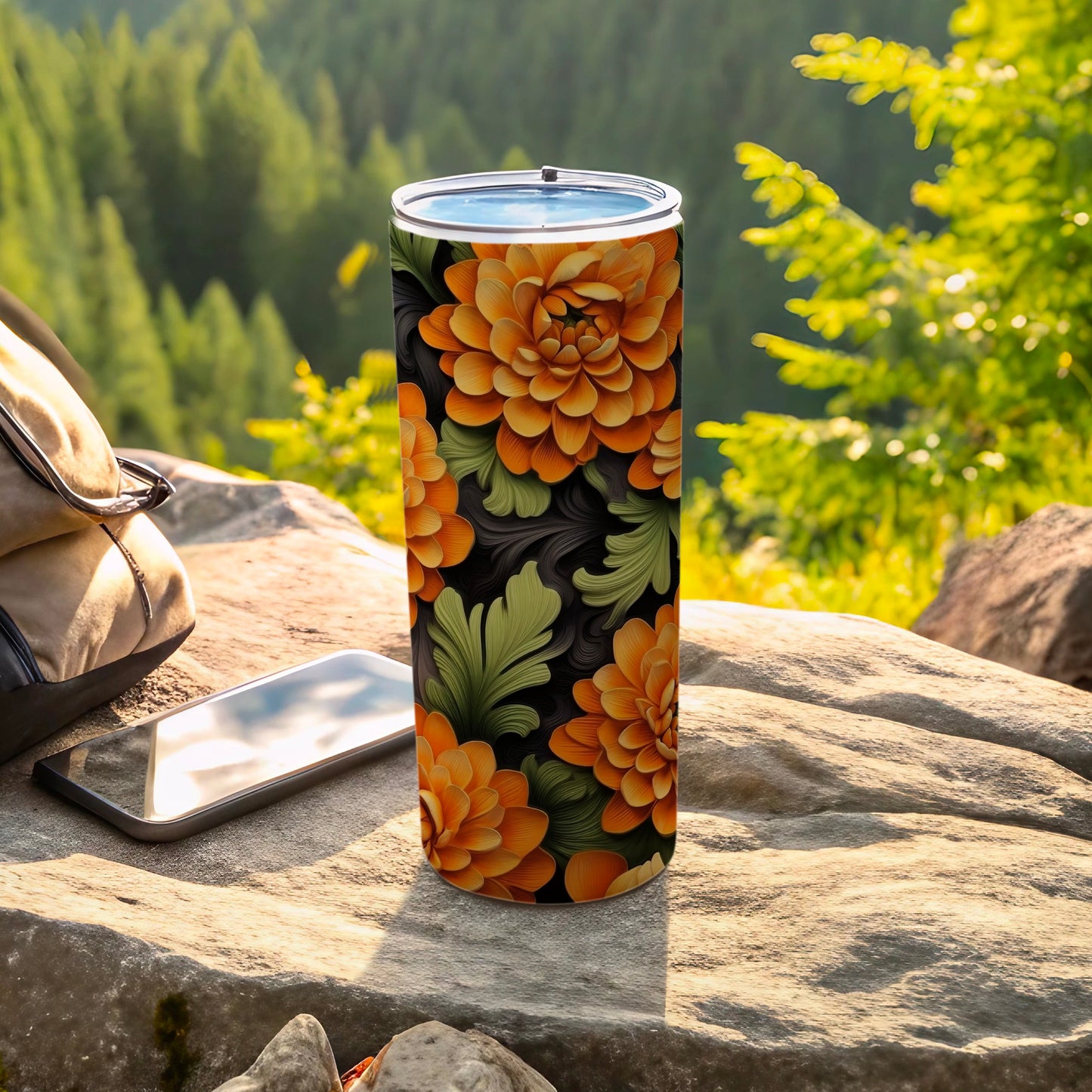 Orange Chrysanthemum Green Leaf Dark Floral Pattern Tumbler product type