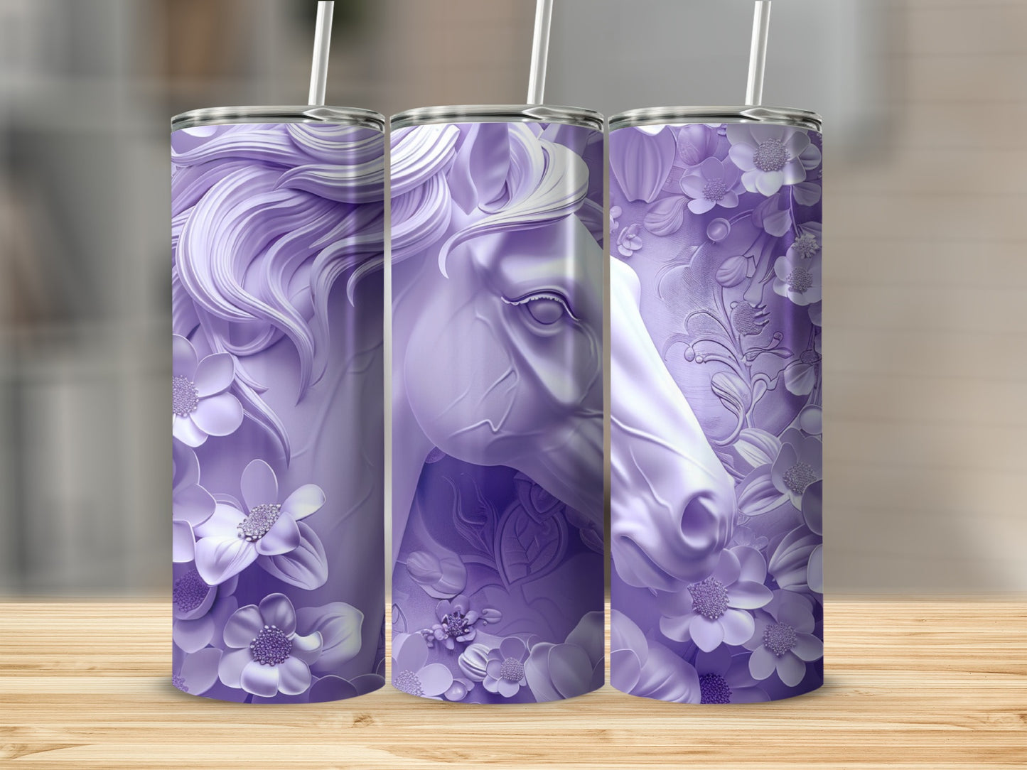 Purple tumbler with embossed horse and floral design, three views.