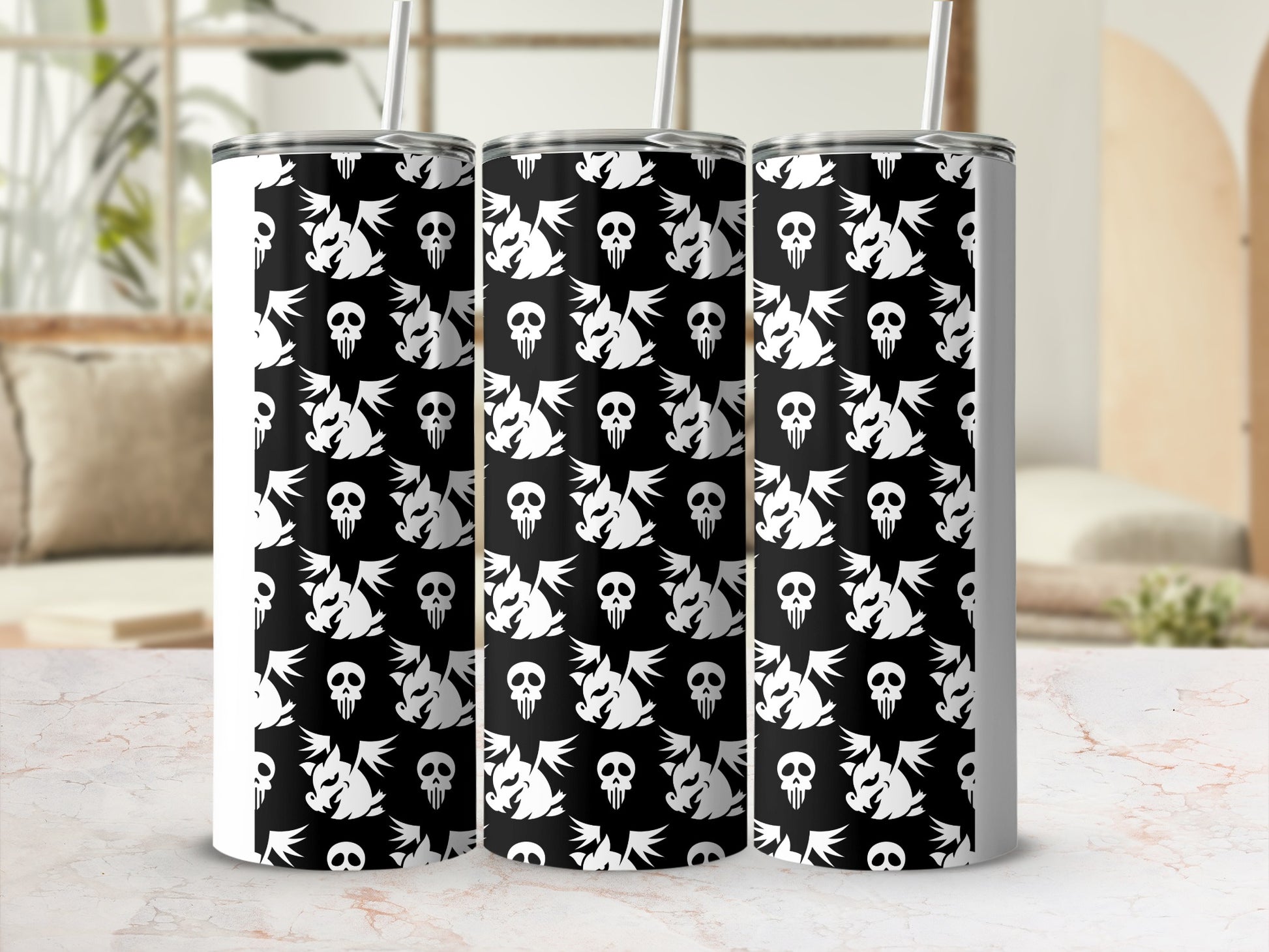 Black White Skulls Wings Pattern Tumbler product type