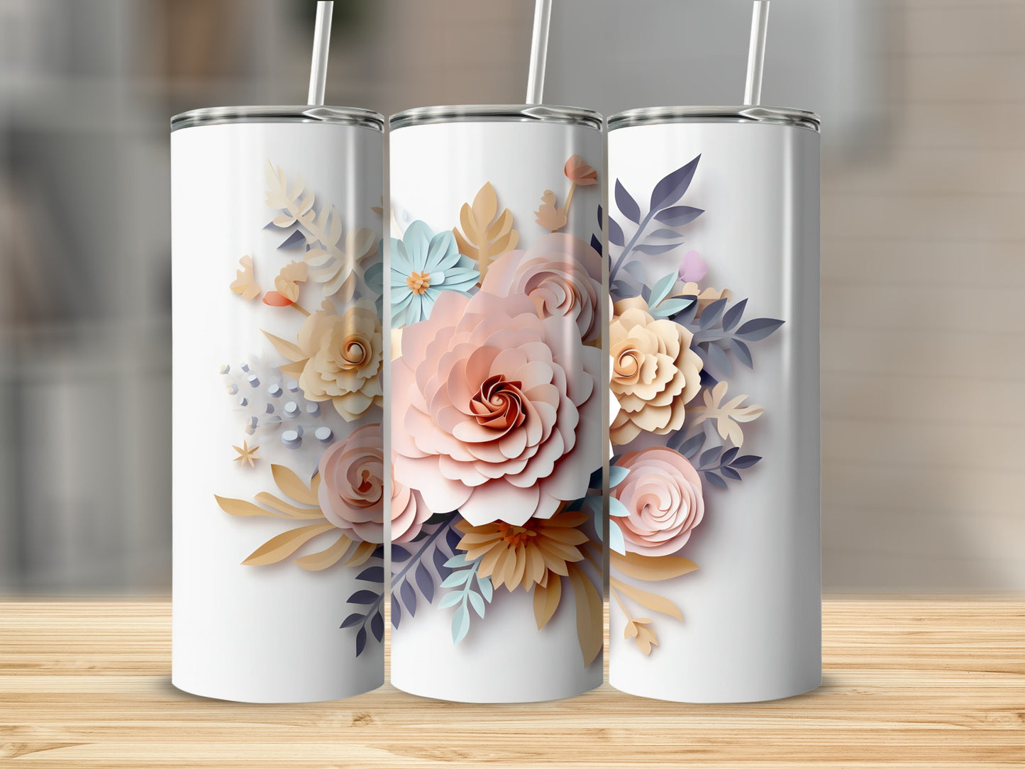 Elegant Floral Design Tumbler with Lid and Straw