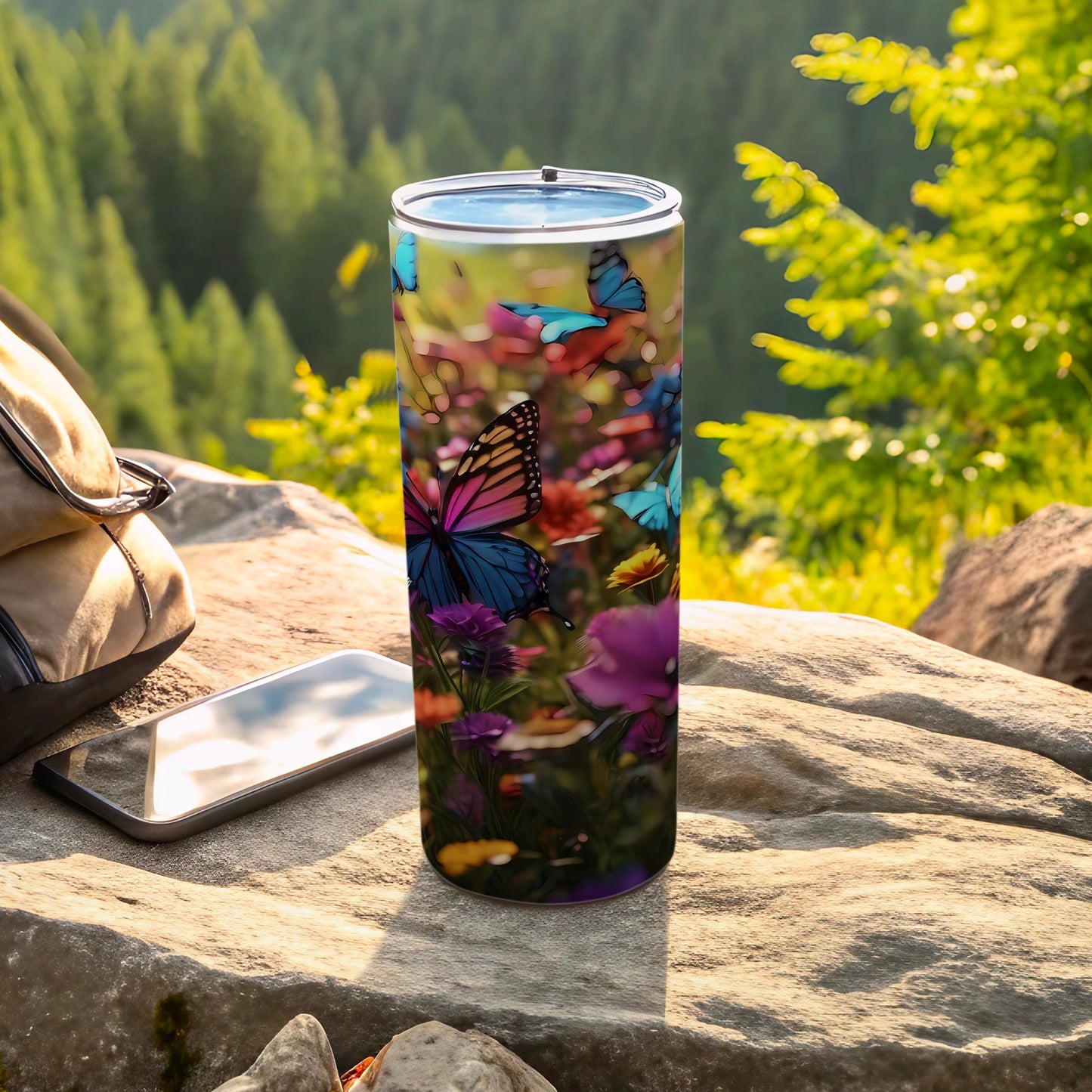 Vibrant Butterfly Floral Garden Scene Travel Tumbler product type