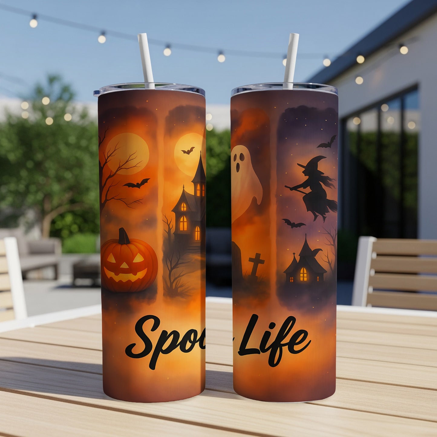 Two tumblers with Halloween graphics and the text "Spooky Life."