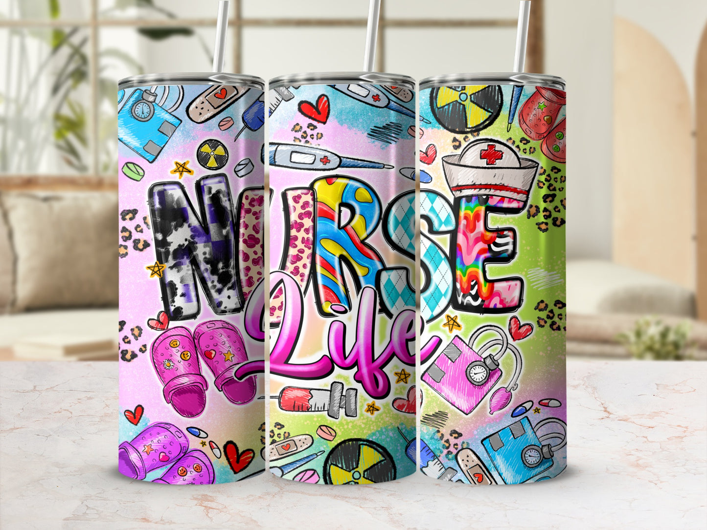 Nurse life tumblers with medical icons and animal print design.