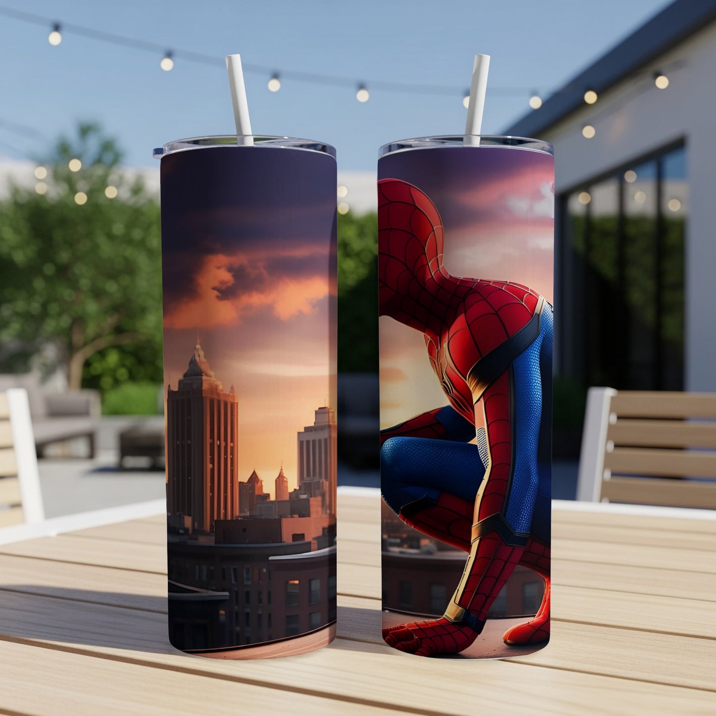 Spider-Man crouching with city skyline behind him on a tumbler.