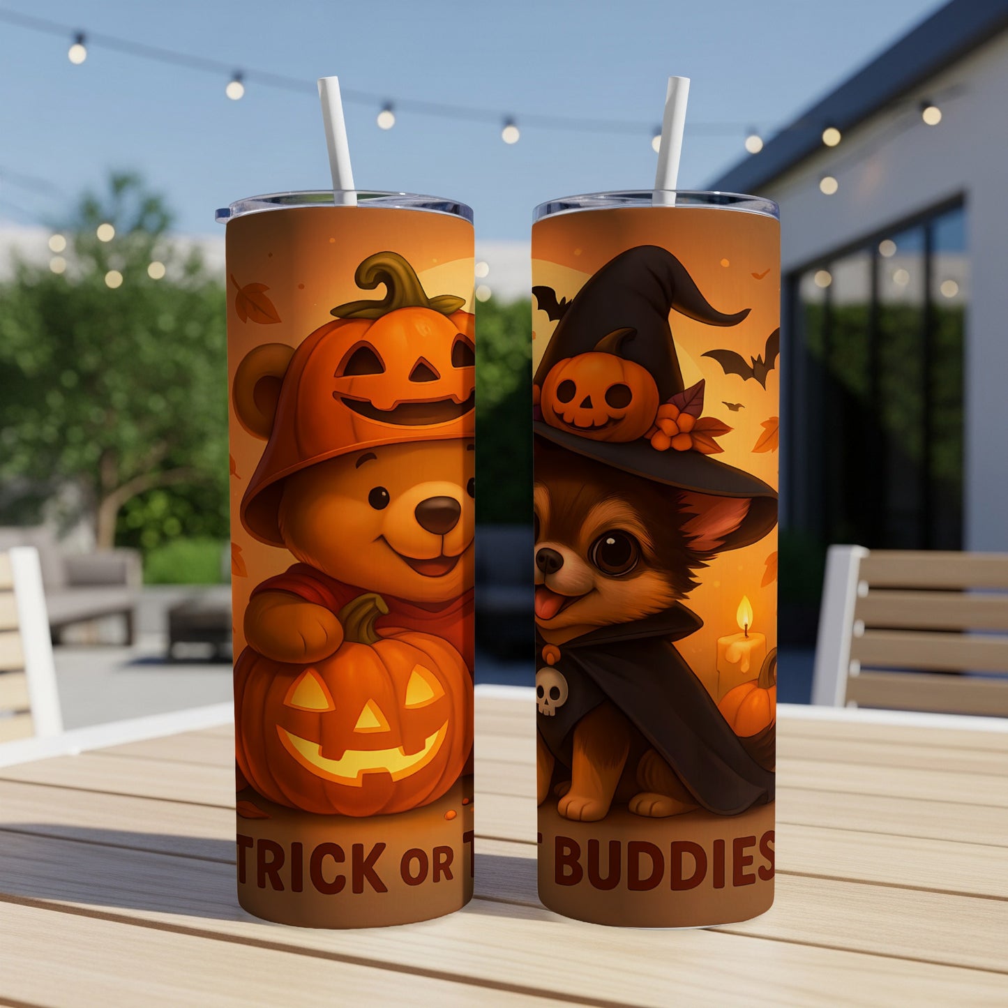Halloween tumblers with a teddy bear and chihuahua, reading "Trick or Buddies".