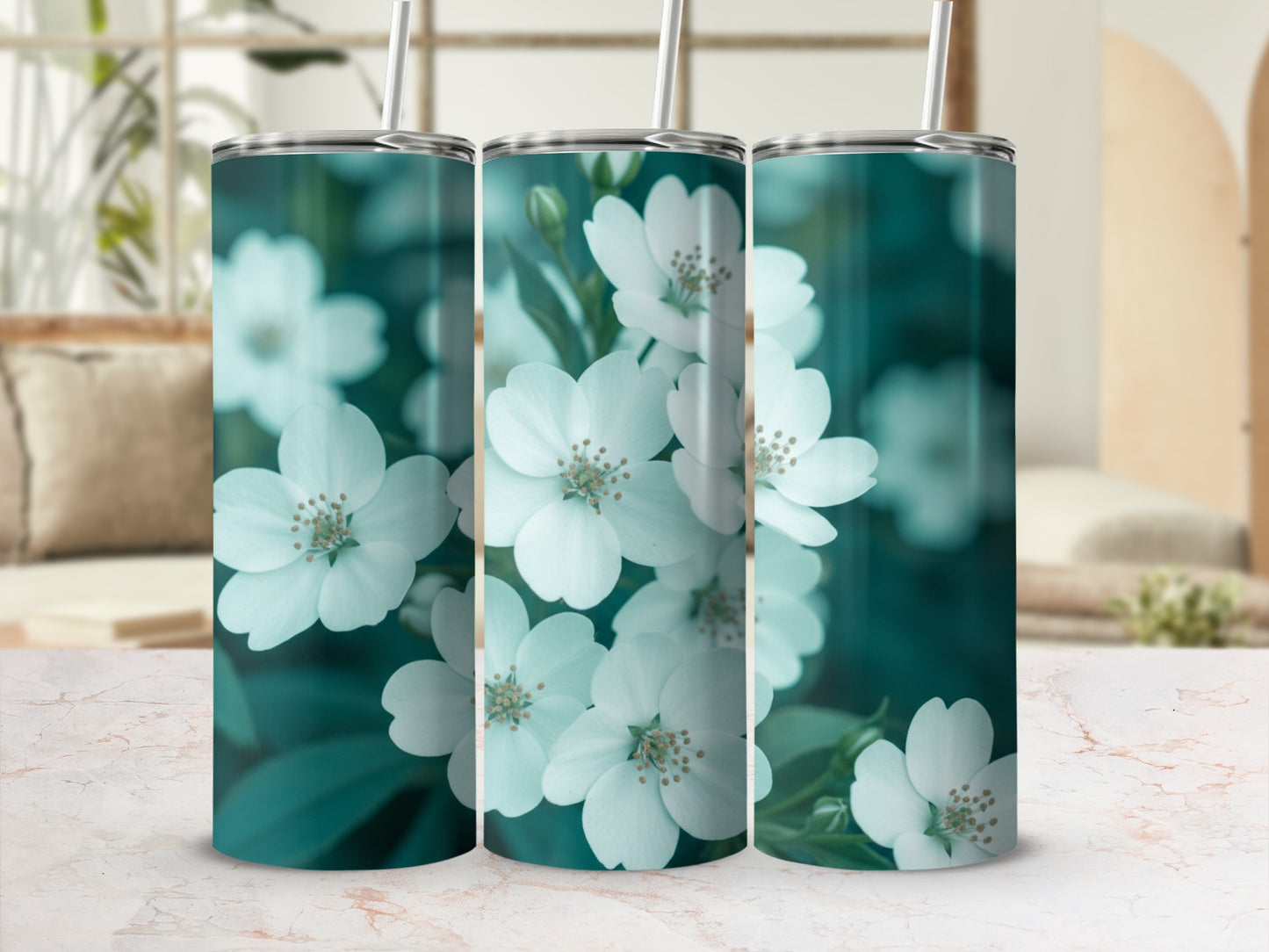 3D rendering of tumblers with a close-up floral pattern on a marble surface.