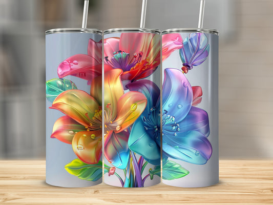 Three tumblers feature colorful, dewy flowers and butterflies on a light gray background.