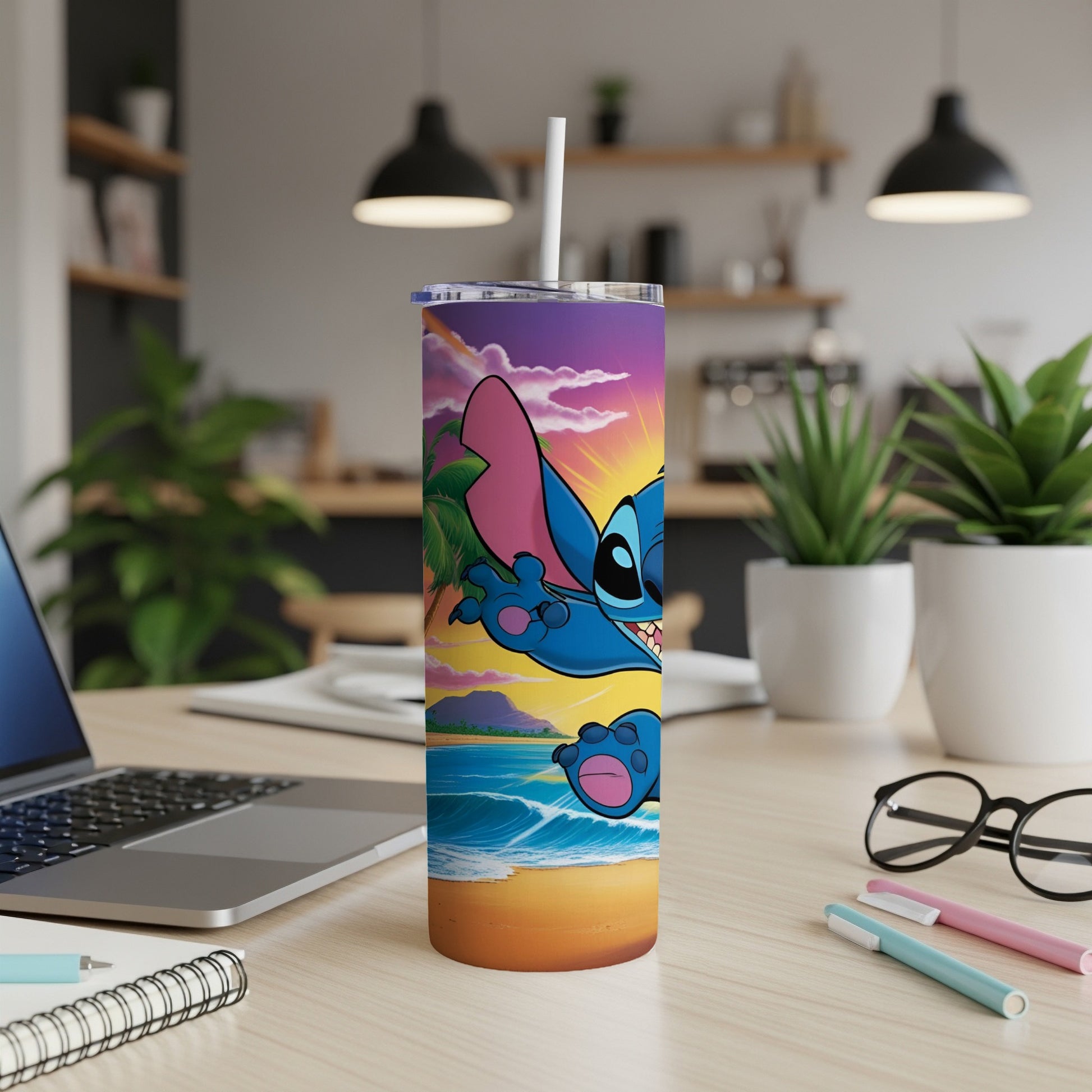 Stitch character on a beach background on a tumbler.