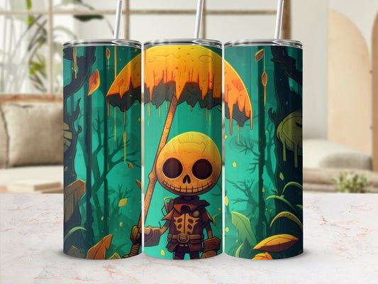 Three tumblers featuring a cartoon skeleton with an orange umbrella in a dark forest.