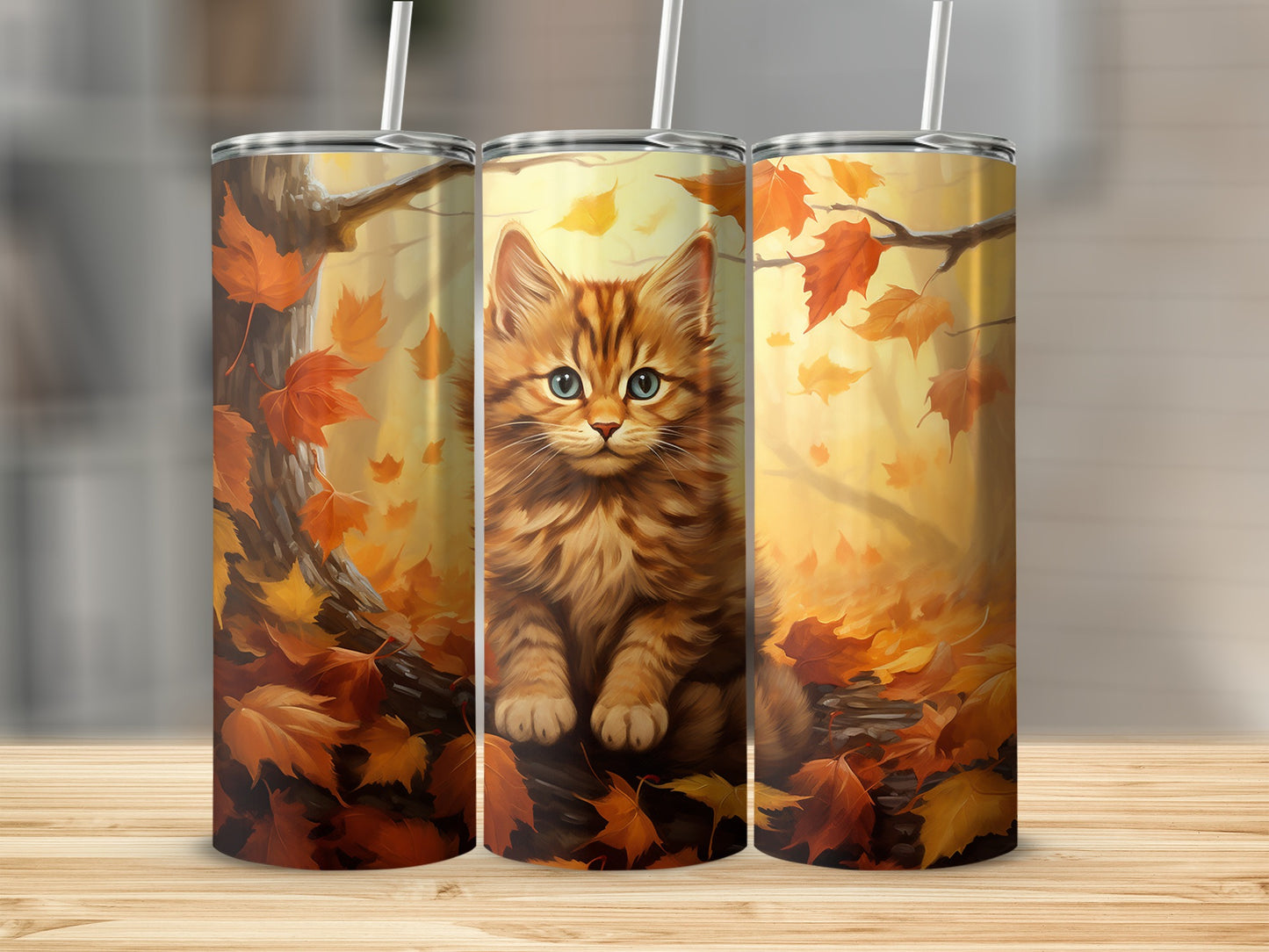 Autumn Kitten with Fall Leaves Design Tumbler Product