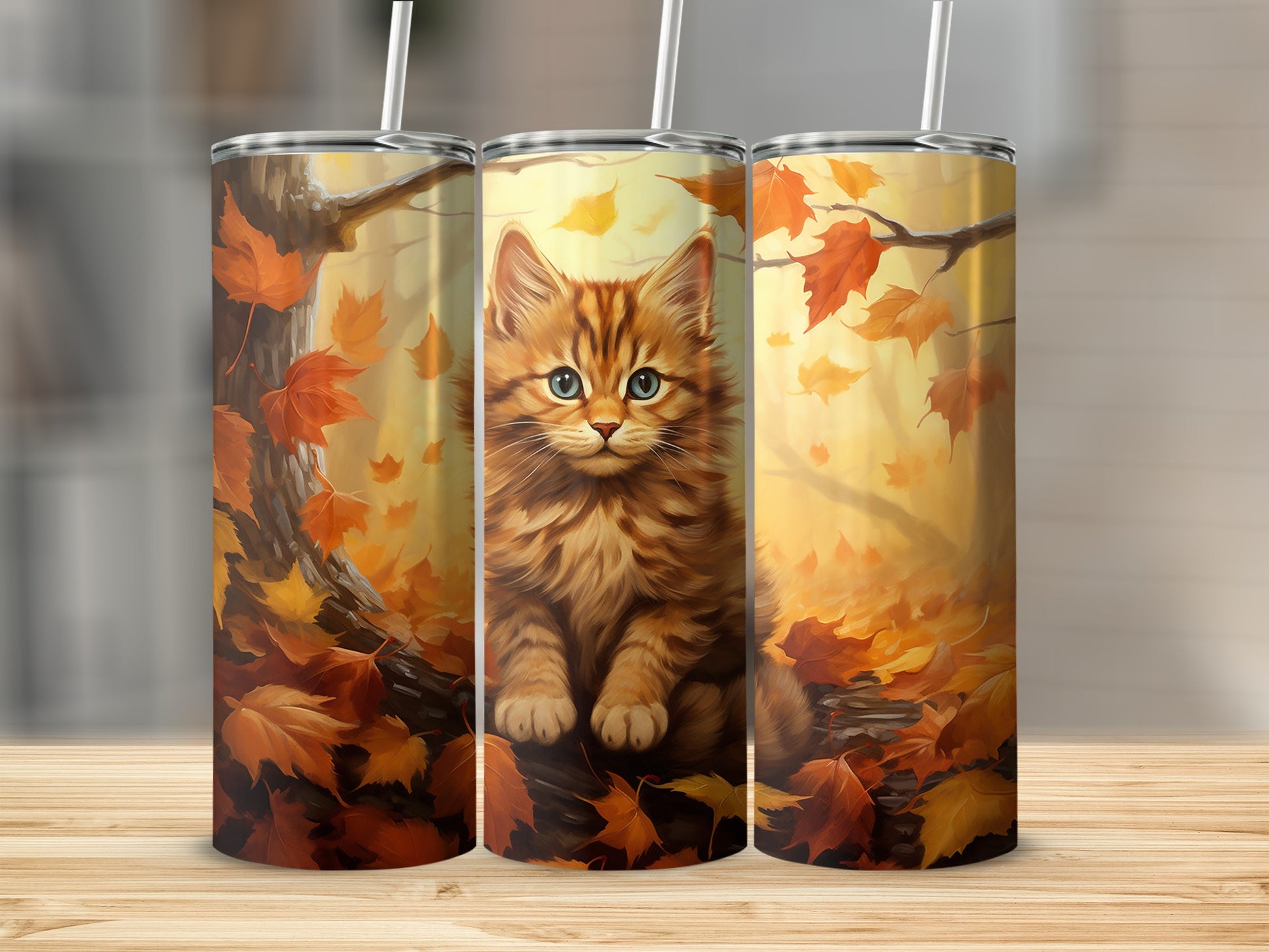 Autumn Kitten with Fall Leaves Design Tumbler Product