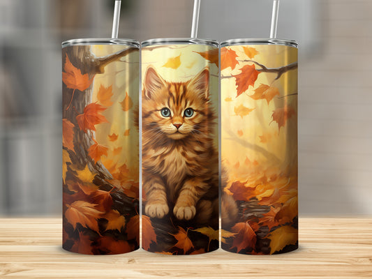 Autumn Kitten with Fall Leaves Design Tumbler Product