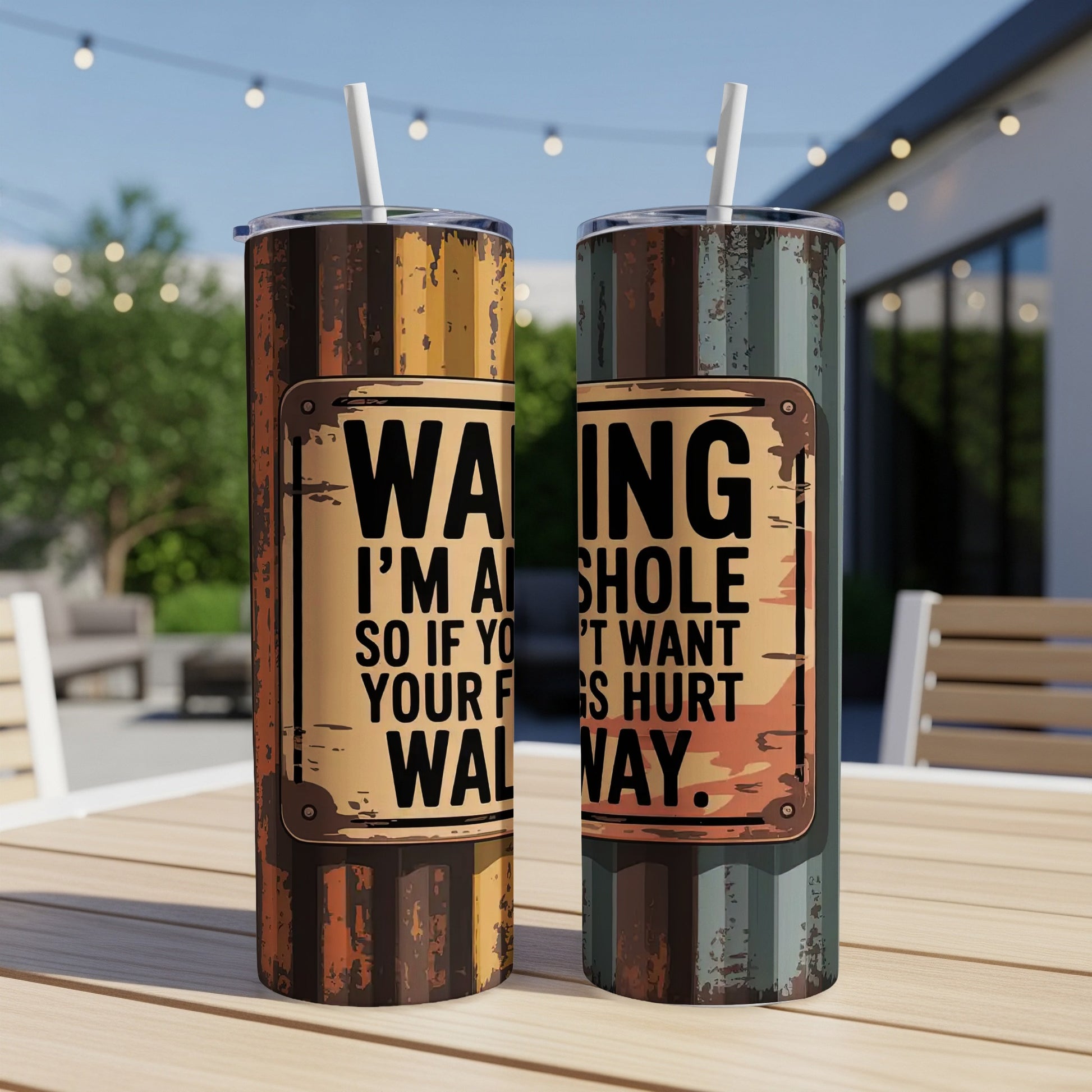 Tumblers with "Warning: I'm an asshole, so if you don't want your feelings hurt, walk away" text.