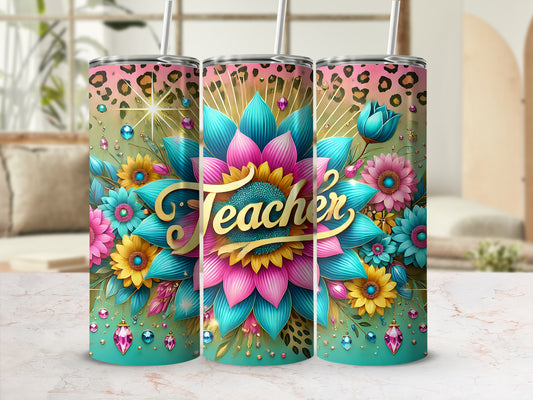 Sunflower pattern with "Teacher" text on three tumblers, decorated with jewels and glitter.
