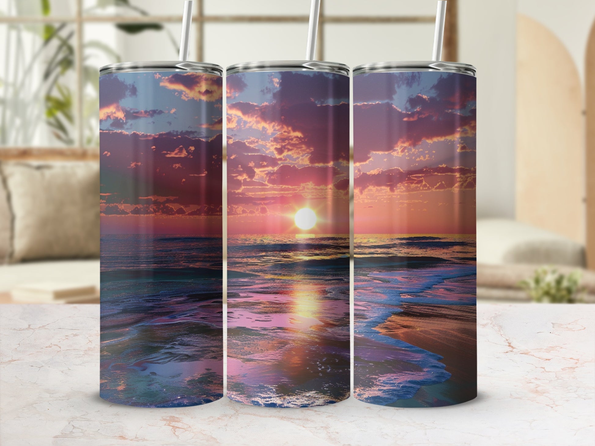 Three tumblers showcasing a sunset over the ocean with reflections on the water.