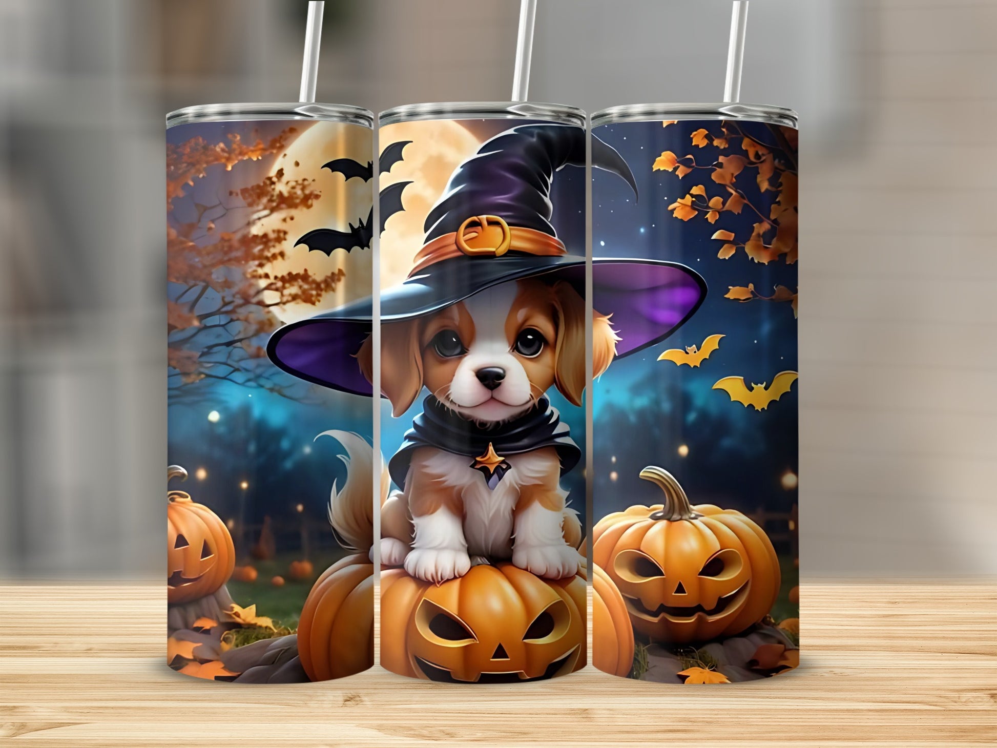 Three Halloween-themed tumblers featuring a dog in a witch hat and pumpkins.