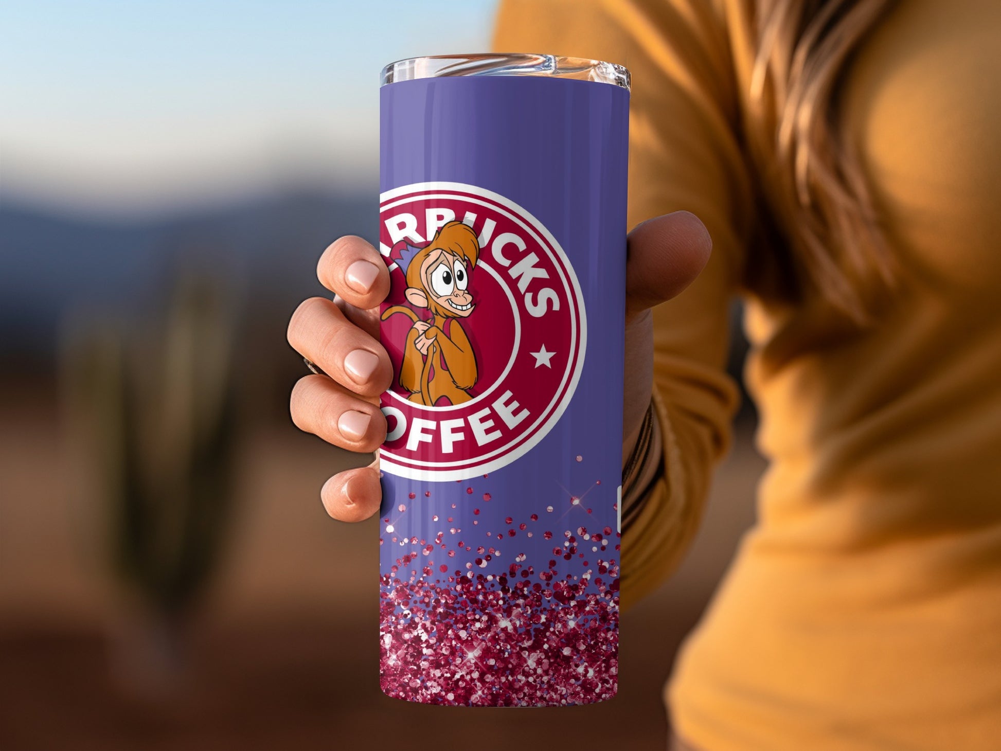 Purple Tumbler with Cartoon Monkey Coffee Logo Design