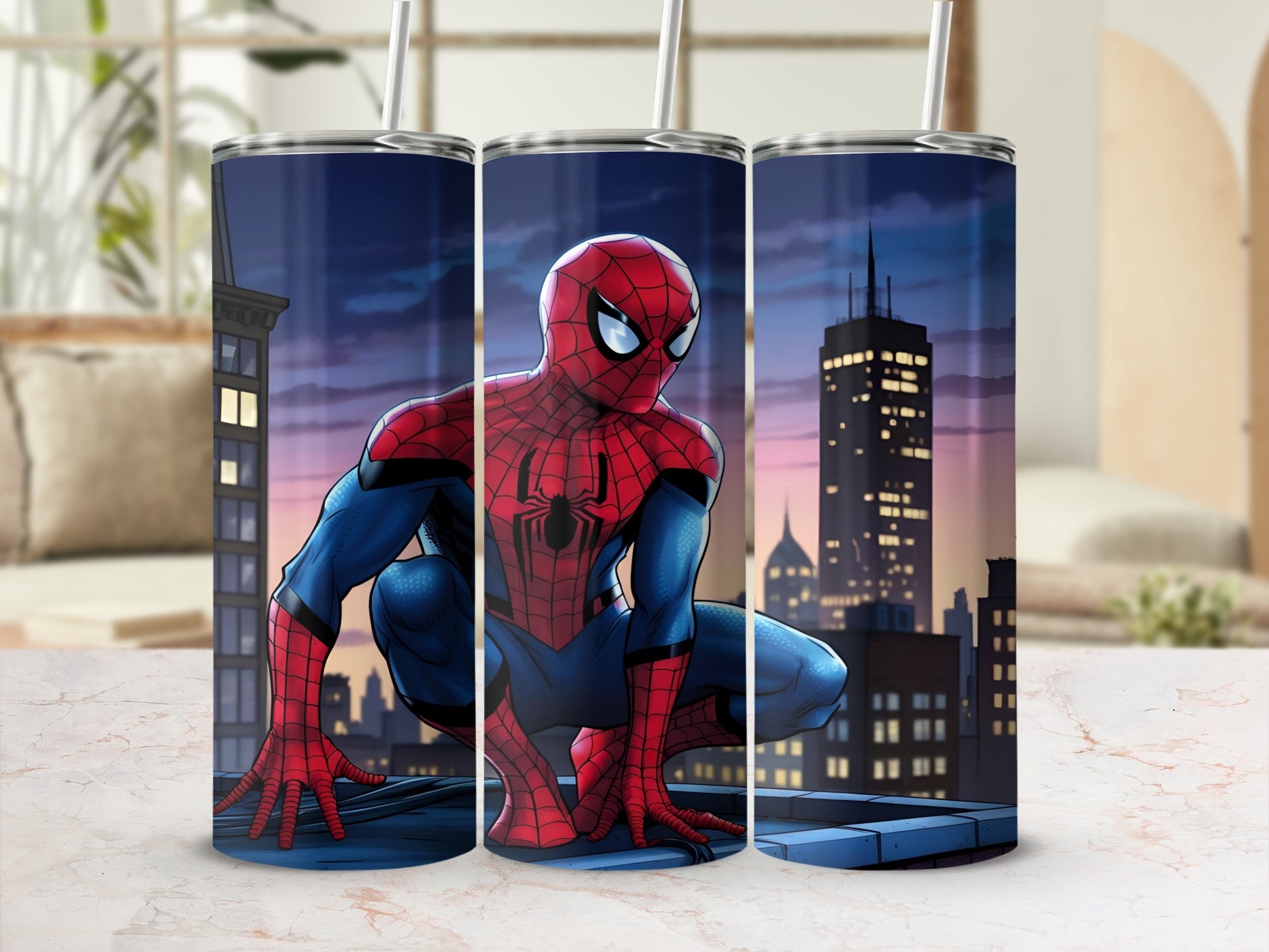 Spider-Man crouches on a rooftop at night with city lights in the background.