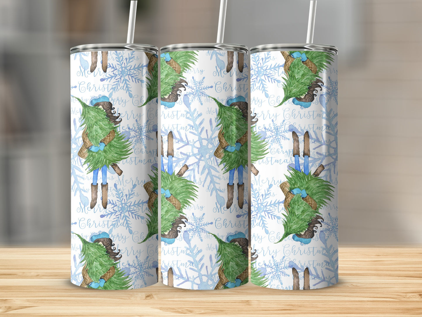 Christmas tree gnome pattern on a white tumbler with straw.