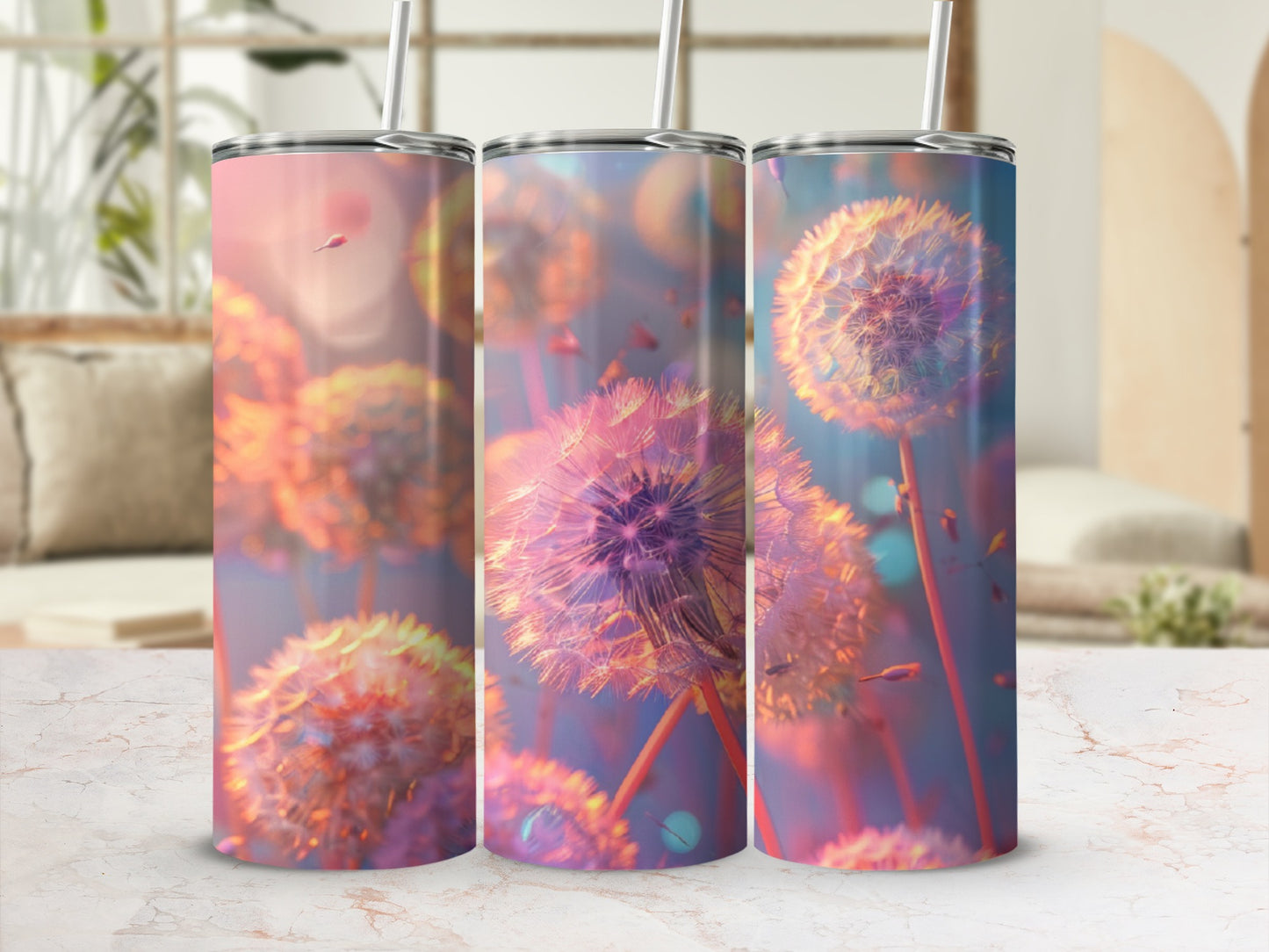 Three tumblers featuring dandelions and bokeh background.