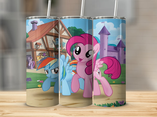 Three My Little Pony tumblers featuring Rainbow Dash and Pinkie Pie in a colorful background.