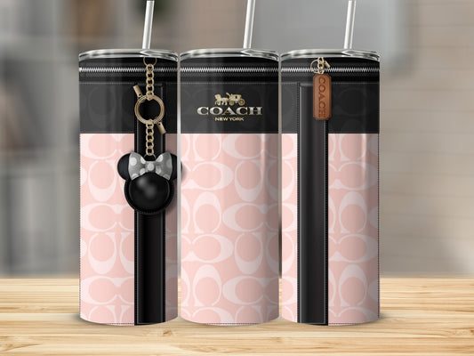 Elegant Pink and Black Coach Tumbler with Keychain