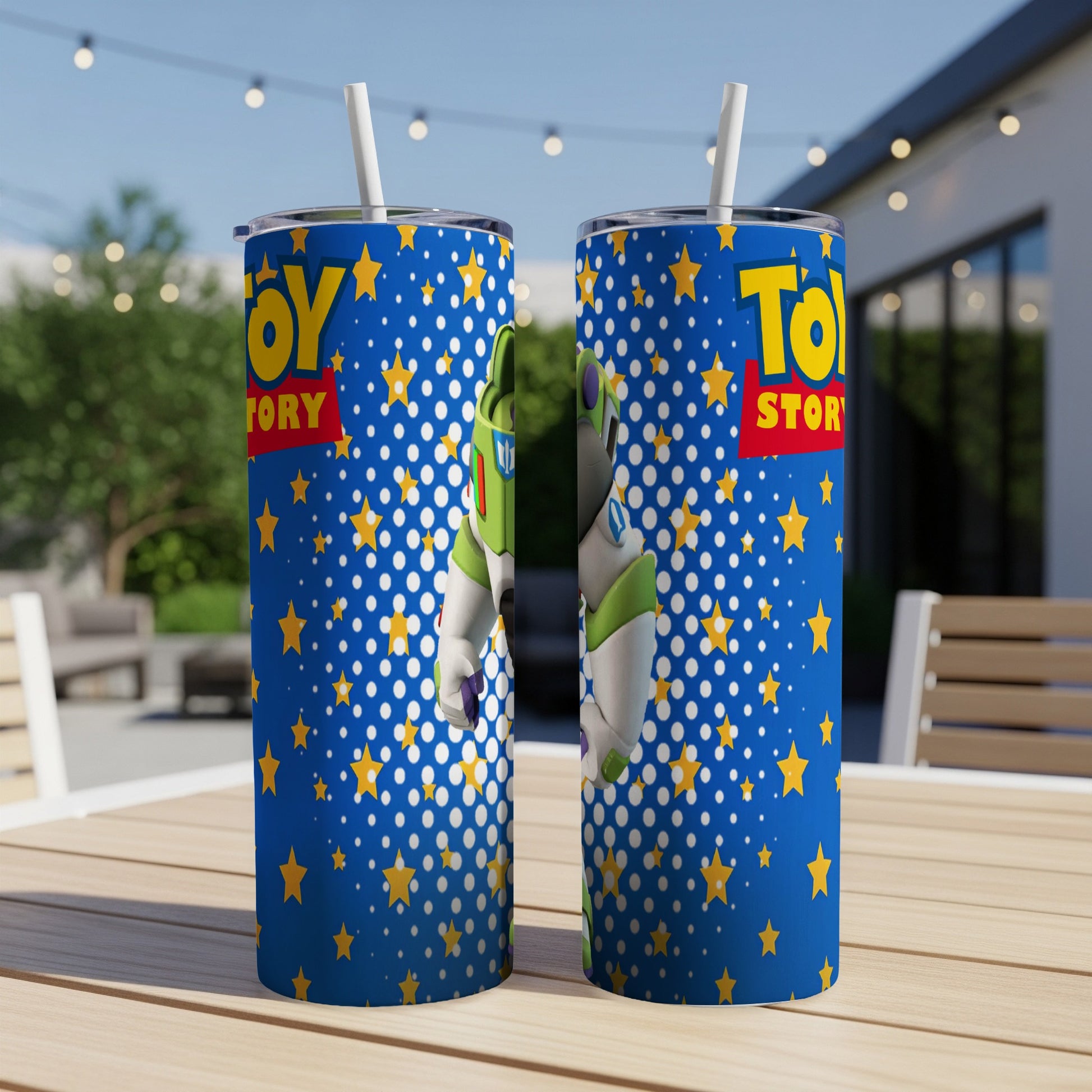 Buzz Lightyear on blue speckled Toy Story tumbler with straw.