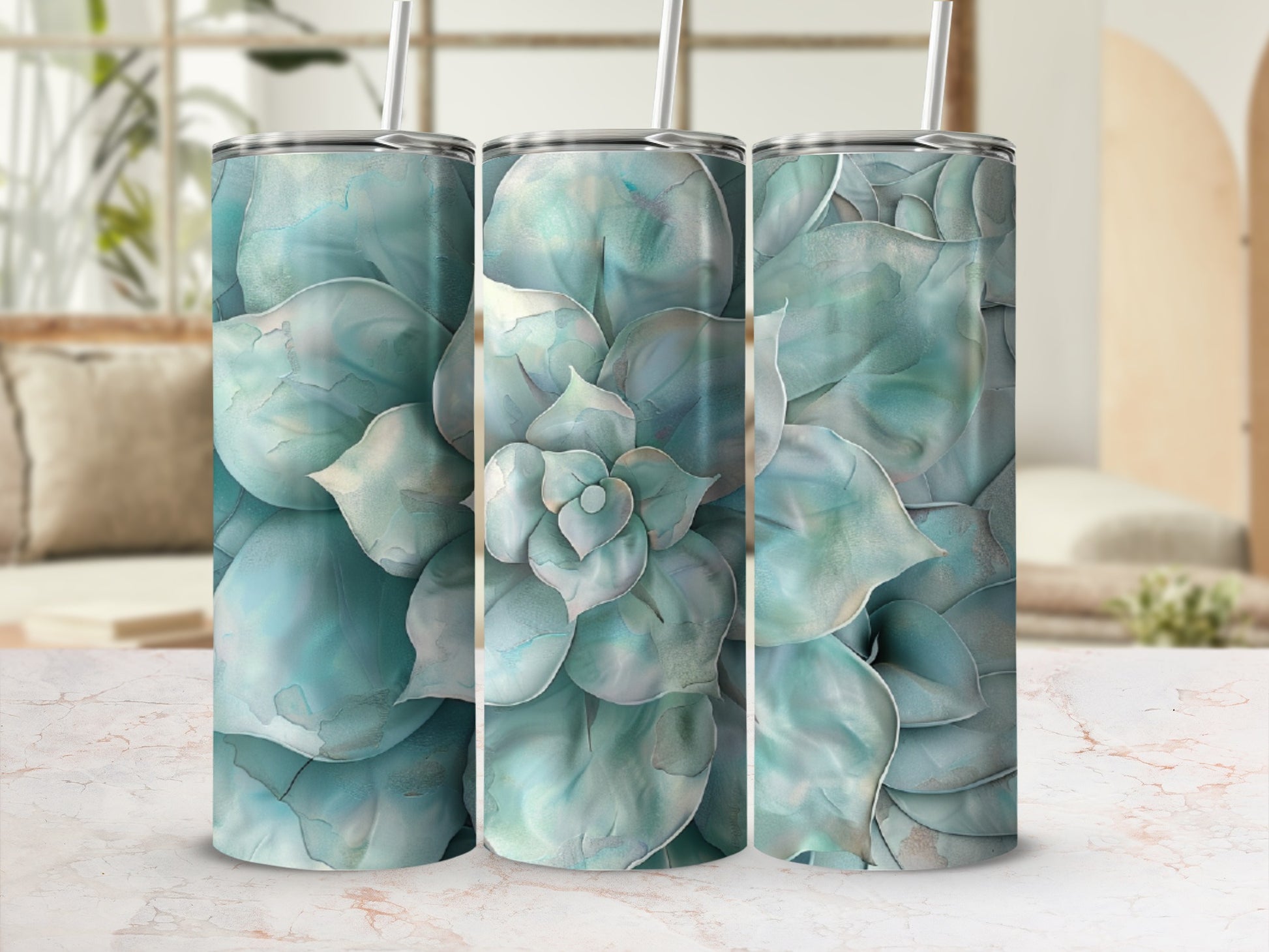 Three tumblers with a marbled green succulent design.