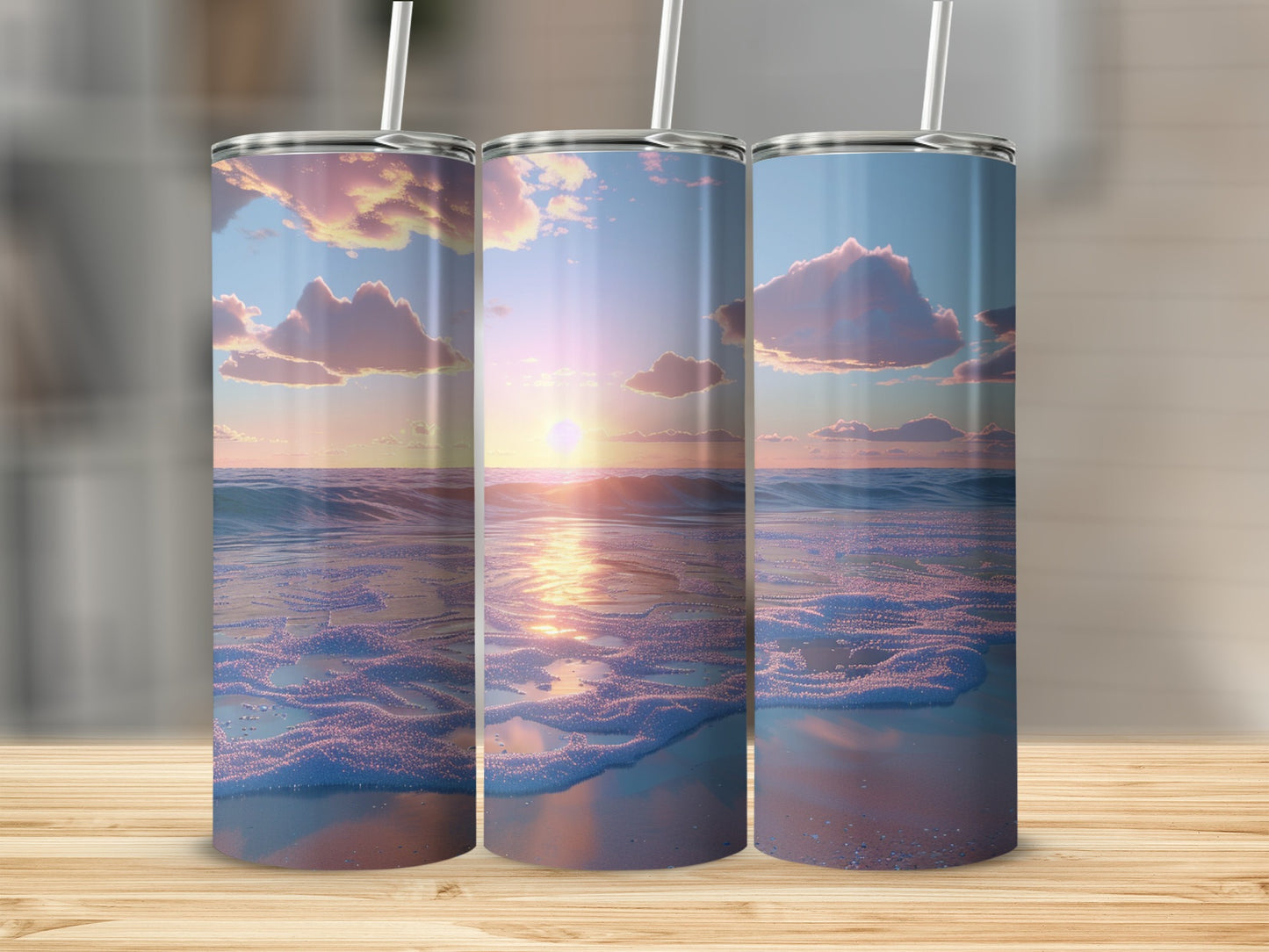 Three tumblers with a serene beach sunset design.