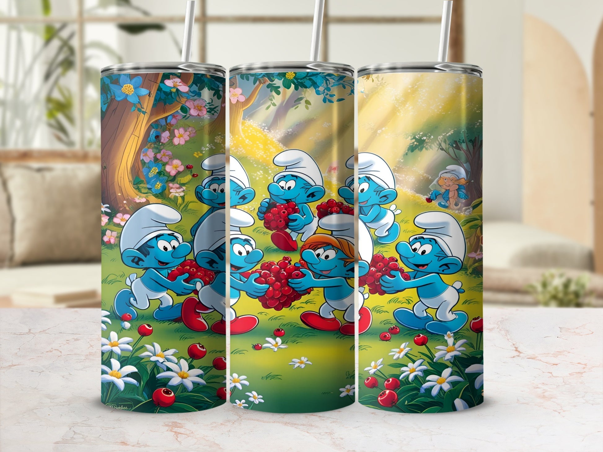 Smurfs gathering berries in a sunlit forest clearing.