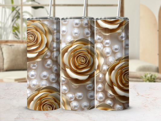 Gold roses and pearls on a white background with blurred interior.