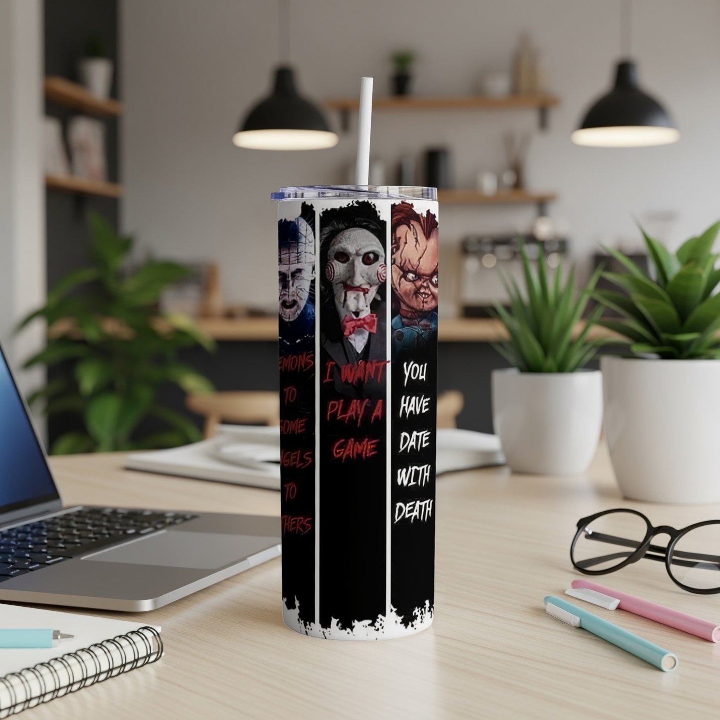 Tumbler with horror characters Pinhead, Jigsaw, and Chucky, and text "I want you have play a game date with death".